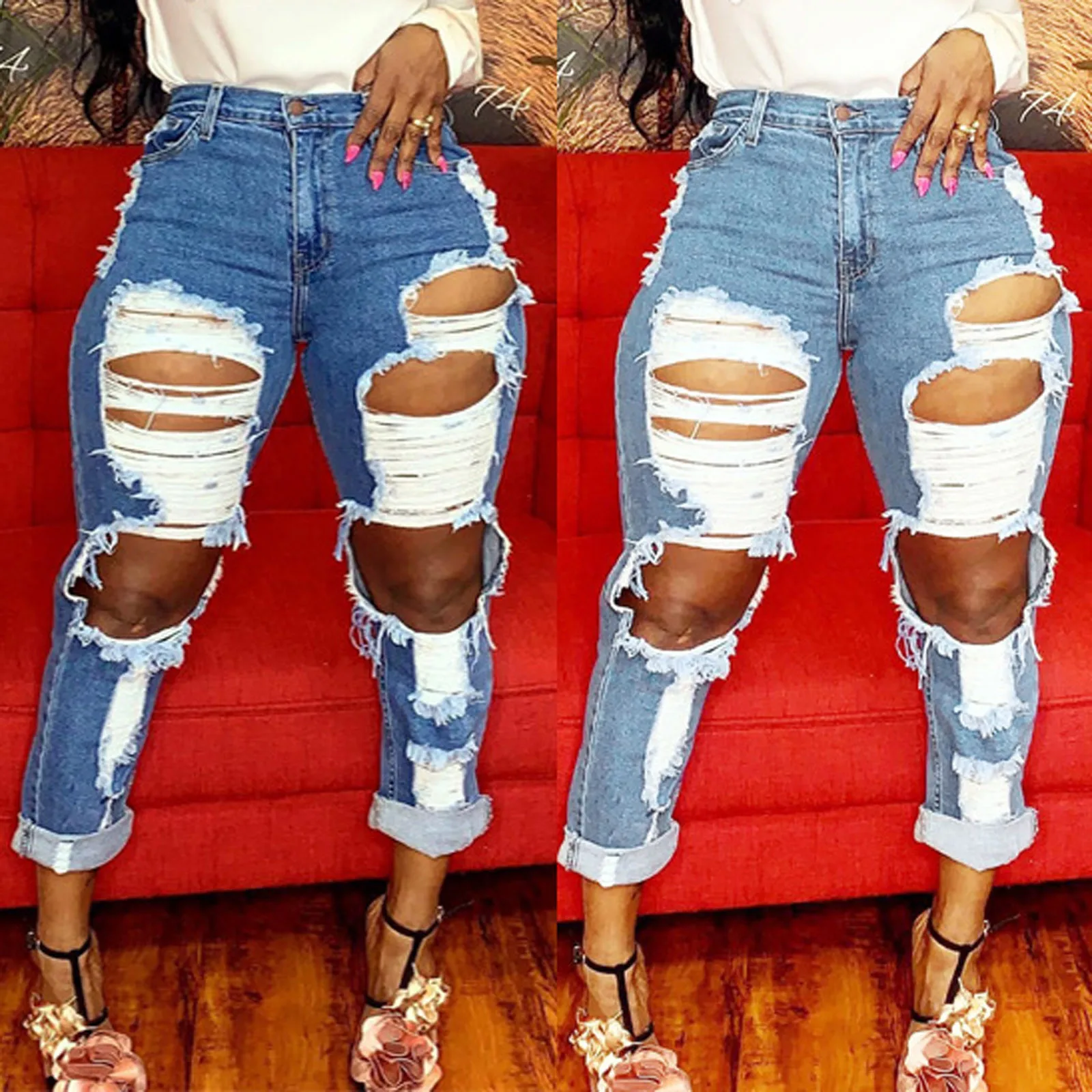 

Jeans Woman Long Pants New Fashion Button High Waist Pocket Hole Ripped Jeans Trousers Slim Denim Pants S-5XL